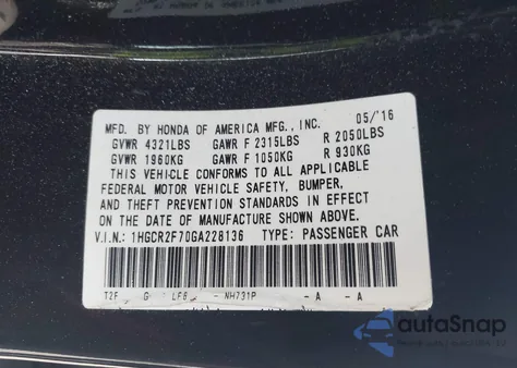 2016 Honda Accord Ex z USA, uszkodzony, nr VIN 1HGCR2F70GA228136